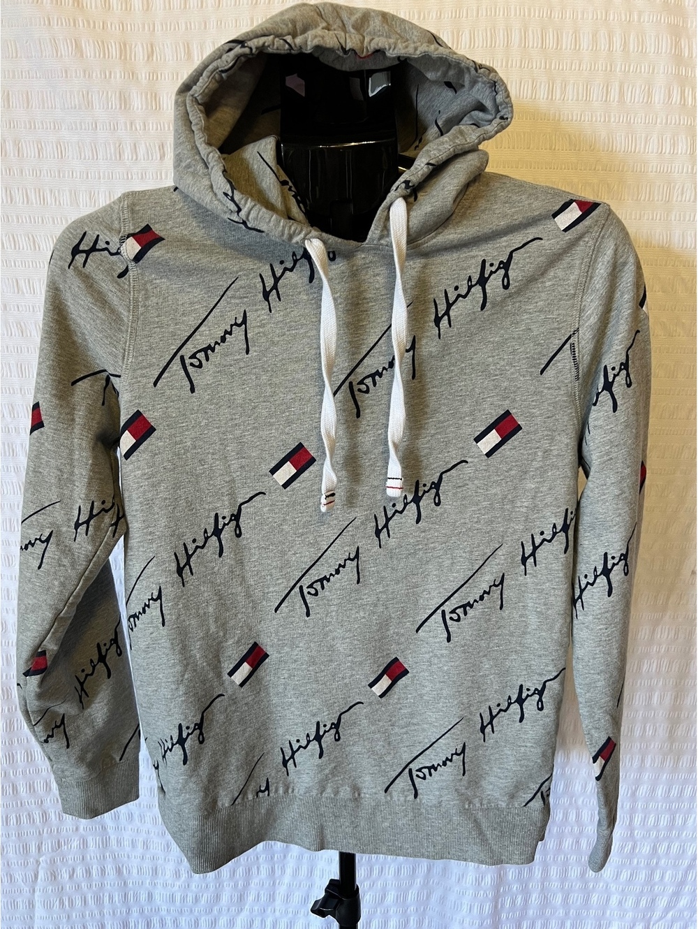 Tommy Hilfiger Sleepwear Hoodie Gray All Over Script Flag Print Sz S 100% Cotton